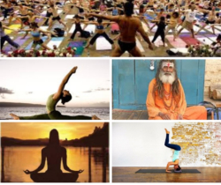 Collage di immagini che rappresentano yoga, meditazione e rilassamento interiore in un'atmosfera serena e armoniosa.