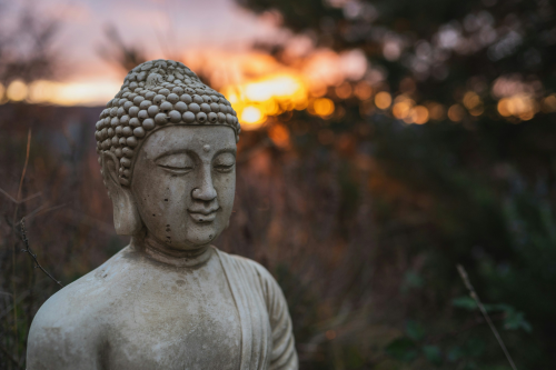 yoga e meditazione - statua di buddha in campagna al tramonto in meditazione